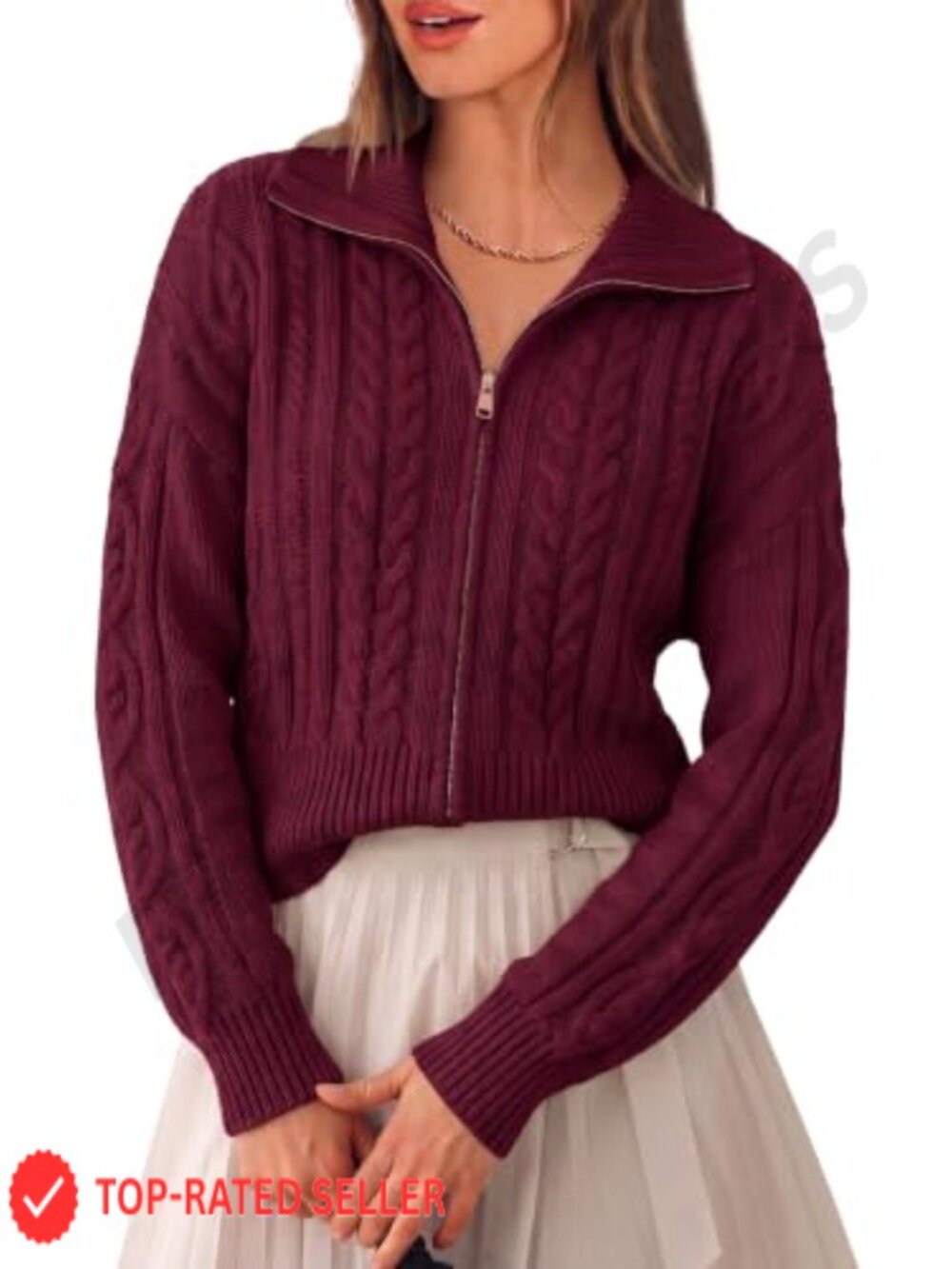 Cable Knit Cropped Cardigan Zip-Up Sweater for Women